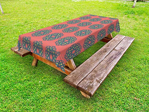 ABAKUHAUS Geometrico Tovaglia da Esterno, Immagine Floreale, Tovaglia da Picnic Lavabile Decorativa, 145 cm x 305 cm, Salmone Scuro Teal