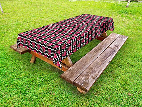 ABAKUHAUS Esotico Tovaglia da Esterno, Gemme del Cuore su Foglie Zig-Zag, Tovaglia da Picnic Lavabile Decorativa, 145 cm x 305 cm, Charcoal Grey e Hot Pink