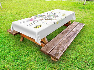 ABAKUHAUS Arcobaleno Tovaglia da Esterno, Music Star Pony con la Chitarra, Tovaglia da Picnic Lavabile Decorativa, 145 cm x 210 cm, Bianco Multicolor