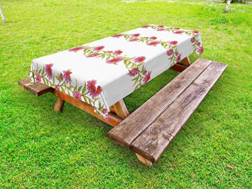 ABAKUHAUS Echinacea Tovaglia da Esterno, Strisce Orizzontali di Fiori, Tovaglia da Picnic Lavabile Decorativa, 145 cm x 210 cm, Rosa Verde Bianco