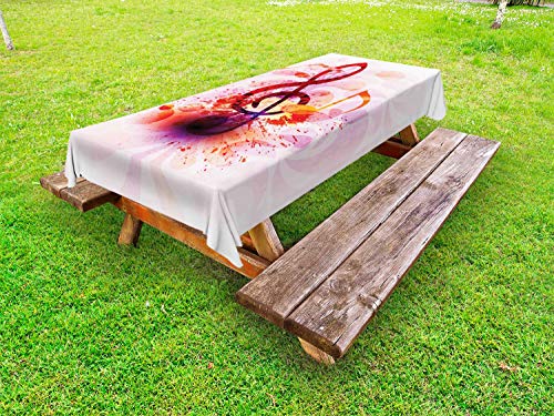 ABAKUHAUS Musica Tovaglia da Esterno, Gradiente Treble Chef Motif, Tovaglia da Picnic Lavabile Decorativa, 145 cm x 305 cm, Bianco e Multicolore