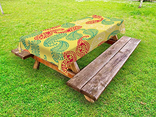 ABAKUHAUS Paisley Tovaglia da Esterno, Folclorica punteggiata Design, Tovaglia da Picnic Lavabile Decorativa, 145 cm x 305 cm, Senape Multicolor
