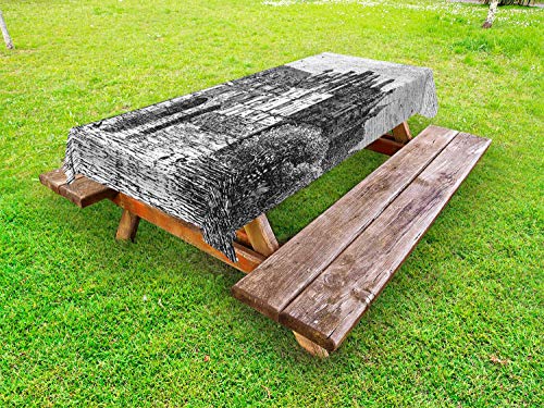 ABAKUHAUS Città Tovaglia da Esterno, Sketchy di Castello in Francia, Tovaglia da Picnic Lavabile Decorativa, 145 cm x 210 cm, Charcoal Grey Bianco