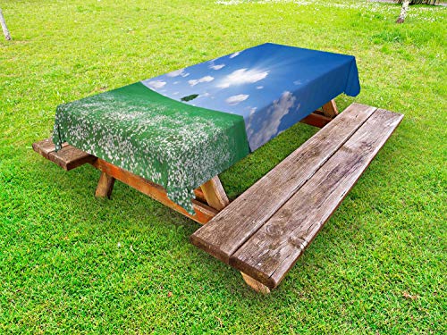 ABAKUHAUS Cielo Blu Tovaglia da Esterno, Flower Field Grassland, Tovaglia da Picnic Lavabile Decorativa, 145 cm x 265 cm, Forest Green Blue Sea