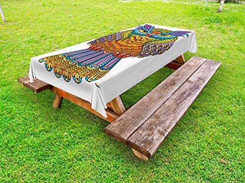 ABAKUHAUS Owl Stampa Tovaglia da Esterno, Zentangle Boho Art Uccello, Tovaglia da Picnic Lavabile Decorativa, 145 cm x 305 cm, Multicolore