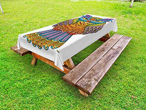 ABAKUHAUS Owl Stampa Tovaglia da Esterno, Zentangle Boho Art Uccello, Tovaglia da Picnic Lavabile Decorativa, 145 cm x 305 cm, Multicolore