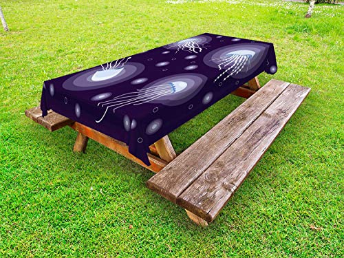 ABAKUHAUS Aqua Jellyfish Tovaglia da Esterno, Tentacoli e Rounds, Tovaglia da Picnic Lavabile Decorativa, 145 cm x 210 cm, Viola Scuro e Baby Blue