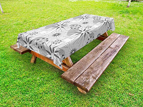ABAKUHAUS Astratto Tovaglia da Esterno, Moderna Geometrico Fiori, Tovaglia da Picnic Lavabile Decorativa, 145 cm x 210 cm, Grigio e Bianco