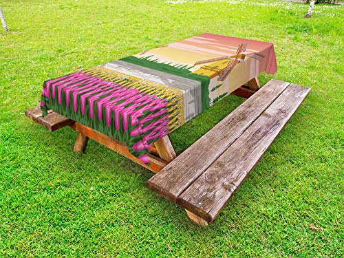 ABAKUHAUS Amsterdam Tovaglia da Esterno, Bi-Colore Tulipani mulini a Vento, Tovaglia da Picnic Lavabile Decorativa, 145 cm x 305 cm, Multicolore