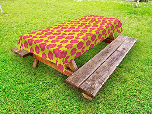 ABAKUHAUS Floreale Tovaglia da Esterno, Top View Grafica Fiori, Tovaglia da Picnic Lavabile Decorativa, 145 cm x 305 cm, Giallo Rosa Caldo Verde
