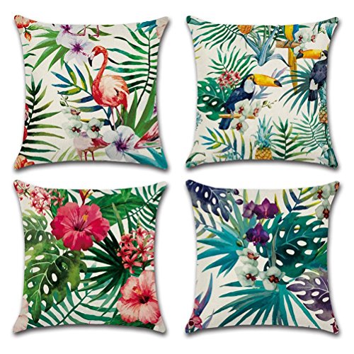 Gspirit 4 Pack Fenicottero Tropicale Fiore Le Foglie Cotone Biancheria Cuscino Decorativo Caso Federa per Cuscino 45x45 cm, Regalo Divertente