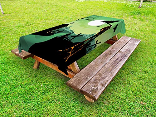 ABAKUHAUS Halloween Tovaglia da Esterno, Zombie Mano in cimitero, Tovaglia da Picnic Lavabile Decorativa, 145 cm x 210 cm, Verde Nero e Arancio