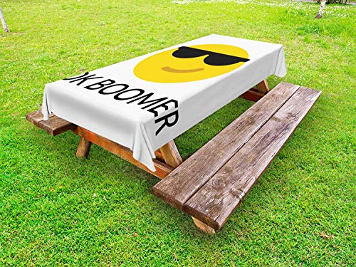 ABAKUHAUS Ok Boomer Tovaglia da Esterno, Meme Frase e Emoticon, Tovaglia da Picnic Lavabile Decorativa, 145 cm x 210 cm, Bianco Grigio Scuro e Giallo