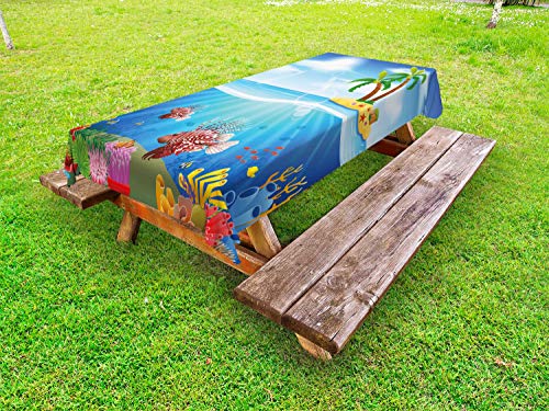 ABAKUHAUS Vita Marina Tovaglia da Esterno, Lionfish e Barriere Coralline, Tovaglia da Picnic Lavabile Decorativa, 145 cm x 265 cm, Multicolore