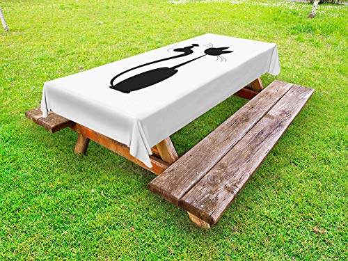ABAKUHAUS Gatto e Topo Tovaglia da Esterno, Seduta del Mouse sulla Coda, Tovaglia da Picnic Lavabile Decorativa, 145 cm x 305 cm, Grigio Scuro e Bianco