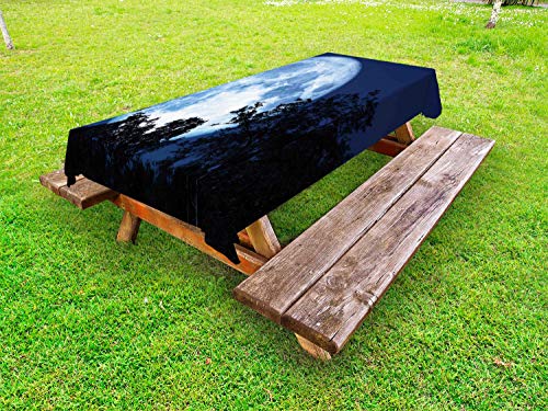 ABAKUHAUS Luna Piena Tovaglia da Esterno, Luna Trasmissione in The Woods, Tovaglia da Picnic Lavabile Decorativa, 145 cm x 265 cm, Night Blue Charcoal Grey