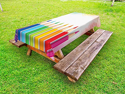 ABAKUHAUS Scuola Tovaglia da Esterno, Realistici matite Colorate, Tovaglia da Picnic Lavabile Decorativa, 145 cm x 265 cm, Multicolore