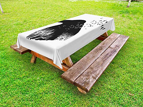 ABAKUHAUS Corvo Nero Tovaglia da Esterno, Gothic Double Exposure, Tovaglia da Picnic Lavabile Decorativa, 145 cm x 210 cm, Charcoal Grey Bianco