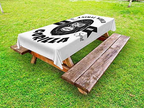 ABAKUHAUS Gorilla Tovaglia da Esterno, Animal World calligrafico, Tovaglia da Picnic Lavabile Decorativa, 145 cm x 305 cm, Charcoal Grey Bianco