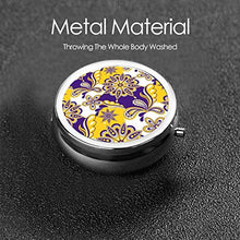 Contenitore rotondo per pillole con motivo cachemire mandala viola e giallo a 3 scomparti, in metallo, per medicina e vitamine, per viaggi all'aperto