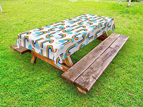 ABAKUHAUS Cartone Animato Tovaglia da Esterno, Arcobaleno e Nuvole Pattern, Tovaglia da Picnic Lavabile Decorativa, 145 cm x 210 cm, Bianco e Multicolore