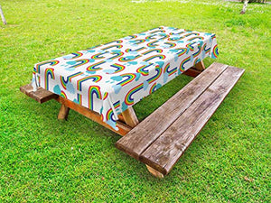ABAKUHAUS Cartone Animato Tovaglia da Esterno, Arcobaleno e Nuvole Pattern, Tovaglia da Picnic Lavabile Decorativa, 145 cm x 210 cm, Bianco e Multicolore