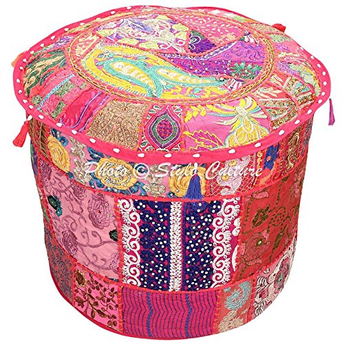 Stylo Culture Ottomane Copertura del Pouf Ottomane Poggiapiedi Vintage Large Rosa Etnica Ricamato Patchwork Cotone Panno Rotondo Tondo Ottomano in Tessuto (22x22x13 Pollici) 55cm