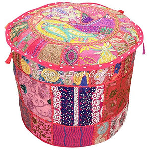 Stylo Culture Ottomane Copertura del Pouf Ottomane Poggiapiedi Vintage Large Rosa Etnica Ricamato Patchwork Cotone Panno Rotondo Tondo Ottomano in Tessuto (22x22x13 Pollici) 55cm
