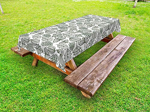 ABAKUHAUS Natura Tovaglia da Esterno, in Bianco e Nero di Stile Foglia Motivi, Tovaglia da Picnic Lavabile Decorativa, 145 cm x 265 cm, Verde Scuro e Bianco