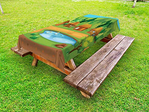 ABAKUHAUS Cartone Animato Tovaglia da Esterno, Capanne Stagno in Woods, Tovaglia da Picnic Lavabile Decorativa, 145 cm x 210 cm, Multicolore