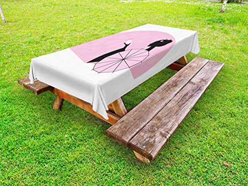 ABAKUHAUS L'ombrello Ragazza Tovaglia da Esterno, Ritratto Laterale della Donna, Tovaglia da Picnic Lavabile Decorativa, 145 cm x 305 cm, Rosa Charcoal Grey Bambino