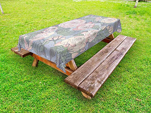 ABAKUHAUS Fiori Tovaglia da Esterno, Floral Design Pink Roses, Tovaglia da Picnic Lavabile Decorativa, 145 cm x 305 cm, Blush Ceil Blu