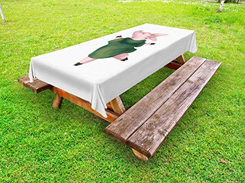 ABAKUHAUS Animale da Fattoria Tovaglia da Esterno, Maiale di Dancing in Maglione, Tovaglia da Picnic Lavabile Decorativa, 145 cm x 210 cm, Rose Reseda Verde Bianco