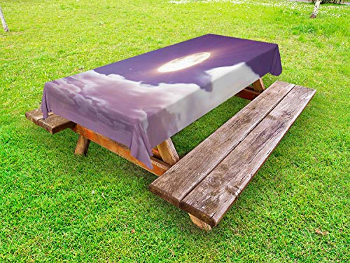 ABAKUHAUS Luna Piena Tovaglia da Esterno, Drammatica Luna e Nuvole, Tovaglia da Picnic Lavabile Decorativa, 145 cm x 305 cm, Lilla Grigio Rosa