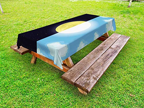 ABAKUHAUS Sole e Luna Tovaglia da Esterno, Mezzo Stile 2 Immagini, Tovaglia da Picnic Lavabile Decorativa, 145 cm x 265 cm, Blu Giallo Indaco