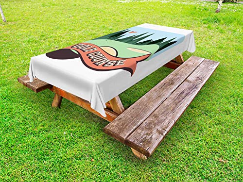 ABAKUHAUS Golf Scene da Golf Tovaglia da Esterno, Forest And Flag, Tovaglia da Picnic Lavabile Decorativa, 145 cm x 305 cm, Multicolore