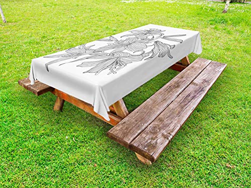 ABAKUHAUS Vintage Botanica Tovaglia da Esterno, Gigli con Stripes, Tovaglia da Picnic Lavabile Decorativa, 145 cm x 265 cm, Grigio Scuro e Bianco