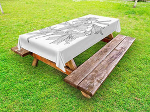 ABAKUHAUS Vintage Botanica Tovaglia da Esterno, Gigli con Stripes, Tovaglia da Picnic Lavabile Decorativa, 145 cm x 265 cm, Grigio Scuro e Bianco