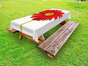 ABAKUHAUS Gerber Daisy Tovaglia da Esterno, Primo Piano Fiore Foto, Tovaglia da Picnic Lavabile Decorativa, 145 cm x 305 cm, Vermilion Mela Verde