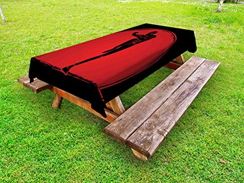 ABAKUHAUS Kung Fu Tovaglia da Esterno, l'Uomo Silhouette Pose Rotonda, Tovaglia da Picnic Lavabile Decorativa, 145 cm x 265 cm, Carbonella Grey Vermilion