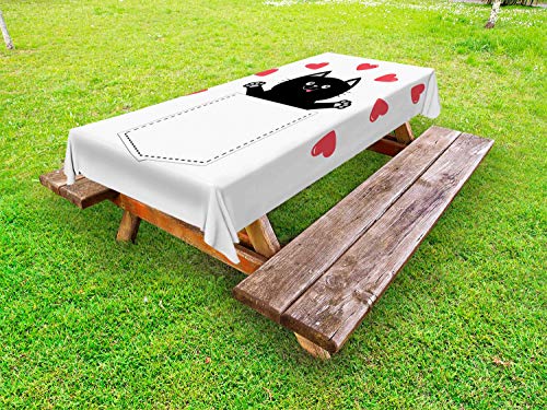 ABAKUHAUS Gattino Tovaglia da Esterno, Cuori e Gattino in Una Tasca, Tovaglia da Picnic Lavabile Decorativa, 145 cm x 305 cm, Charcoal Grey Corallo e Bianco