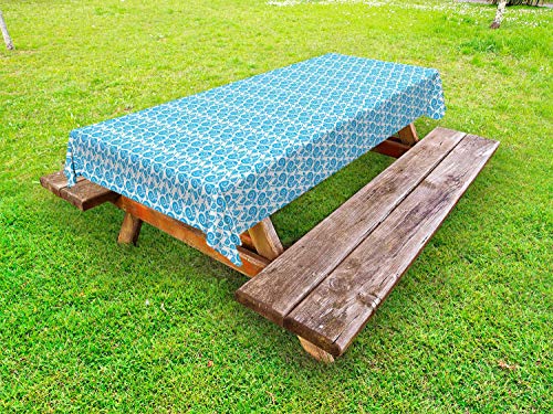 ABAKUHAUS Astratto Tovaglia da Esterno, Gocce Ornamentali, Tovaglia da Picnic Lavabile Decorativa, 145 cm x 305 cm, Cielo Blu e Bianco