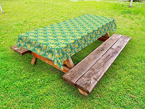 ABAKUHAUS Floreale Tovaglia da Esterno, Limoni Foglie e Fiori, Tovaglia da Picnic Lavabile Decorativa, 145 cm x 305 cm, Seafoam Verde e Giallo