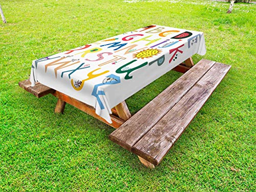 ABAKUHAUS Alfabeto Tovaglia da Esterno, Divertente Childish Lettere, Tovaglia da Picnic Lavabile Decorativa, 145 cm x 305 cm, Multicolore