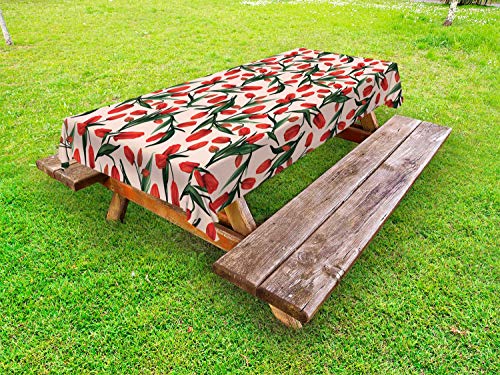 ABAKUHAUS Colorato Tovaglia da Esterno, Tulipani e Fogli Immagine, Tovaglia da Picnic Lavabile Decorativa, 145 cm x 265 cm, Pallida Peach e Multicolore
