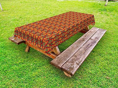 ABAKUHAUS Boho Tovaglia da Esterno, Disposizione Geometrica e Tribal, Tovaglia da Picnic Lavabile Decorativa, 145 cm x 210 cm, Vermilion Senape Verde