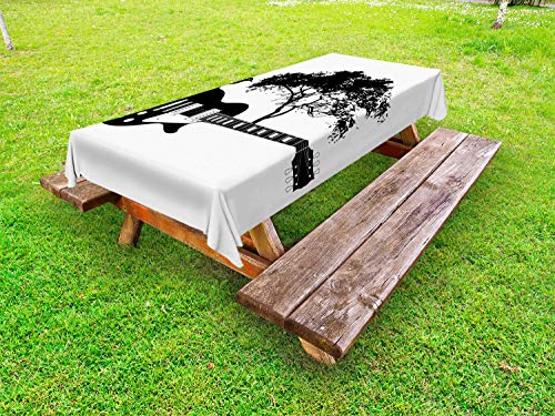 ABAKUHAUS Chitarra Tovaglia da Esterno, Bird on a Strumento Musicale, Tovaglia da Picnic Lavabile Decorativa, 145 cm x 210 cm, Charcoal Grey And White