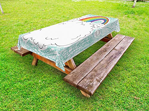 ABAKUHAUS Asilo Tovaglia da Esterno, Childish Drawn Arcobaleno Sun, Tovaglia da Picnic Lavabile Decorativa, 145 cm x 305 cm, Multicolore