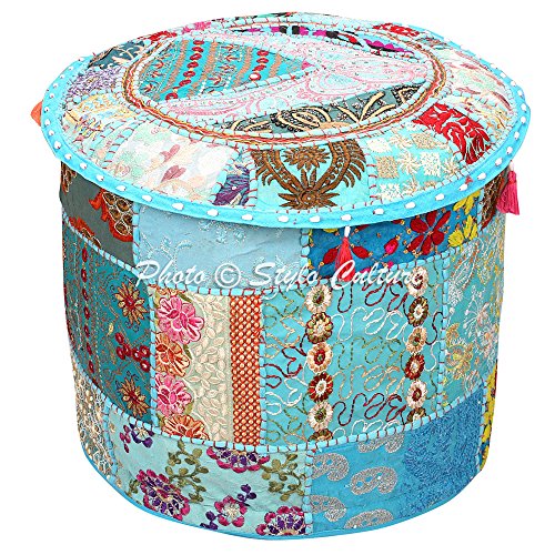 Stylo Culture Fabric Ottomane Copertura del Pouf Poggiapiedi Vintage Copertura Turchese Indian Ricamato Patchwork Cotone Tradizionale Round Pouf Ottomane Copertura (18x18x13 inch) 45cm