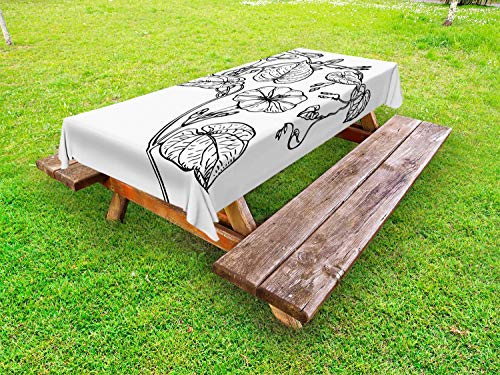 ABAKUHAUS Fiore di Luna Tovaglia da Esterno, Outline Mattina Glories, Tovaglia da Picnic Lavabile Decorativa, 145 cm x 305 cm, Charcoal Grey And White